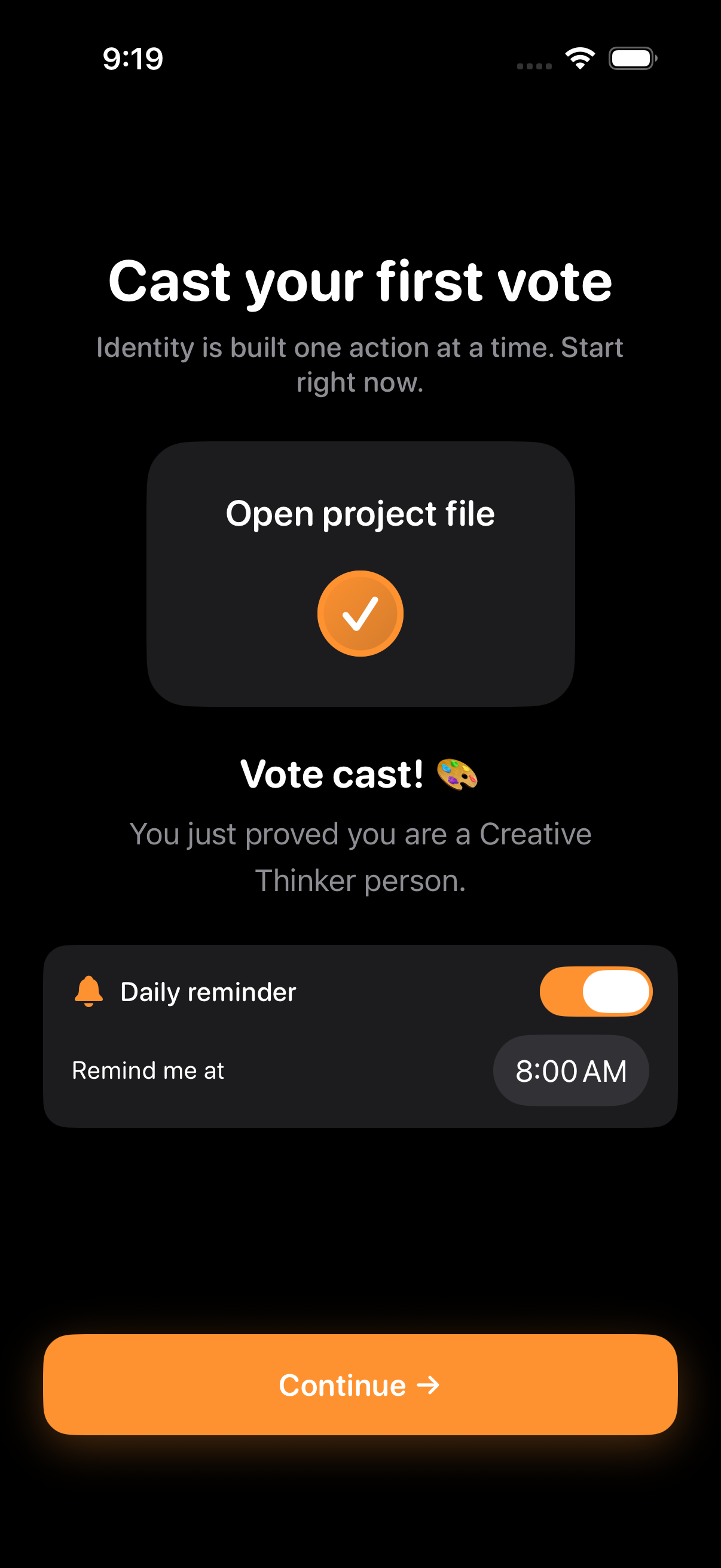 Identity selection onboarding – choose who you want to become in Become app